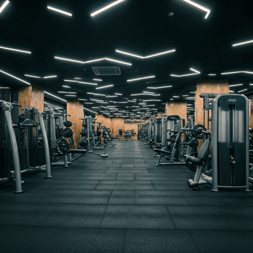 Luxury modern gym interior with architectural lighting and high-end equipment