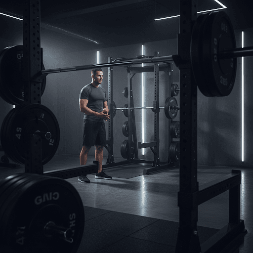 Man looking at squat rack with hesitation in a modern gym