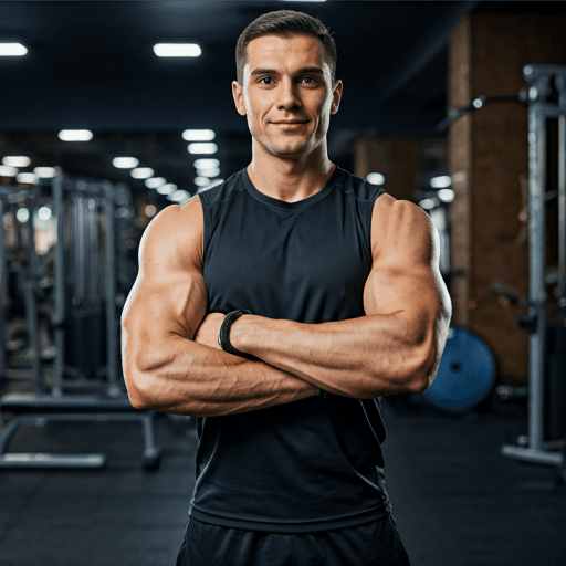 Athletic personal trainer standing confidently in a modern gym