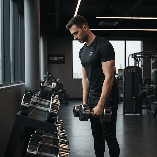 Male trainer re-racking dumbbells in a premium gym